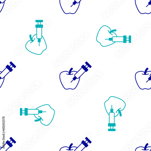 Blue Genetically modified apple icon isolated seamless pattern on white background. GMO fruit. Syringe being injected to apple. Vector