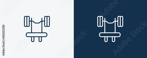 barbell bench press icon. Outline barbell bench press icon from Fitness and Gym collection. Linear vector isolated on white and dark blue background. Editable barbell bench press symbol.