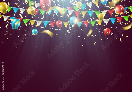 Fototapete Garland flag with balloons and falling confetti