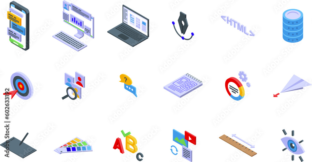 Interface designer icons set isometric vector. Website system. Computer user Interface designer icons set isometric vector. Website system. Computer user