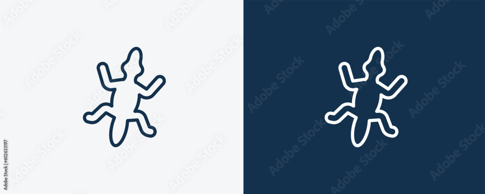 gecko top view shape icon. Outline gecko top view shape icon from culture and civilization collection. Linear vector isolated on white and dark blue background. Editable gecko top view shape symbol.