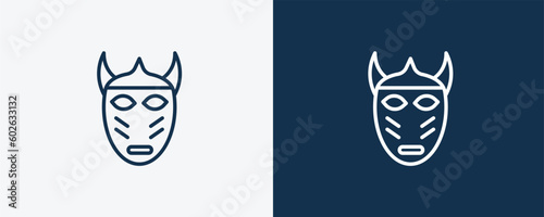 native american mask icon. Outline native american mask icon from culture and civilization collection. Linear vector isolated on white and dark blue background. Editable native american mask symbol.