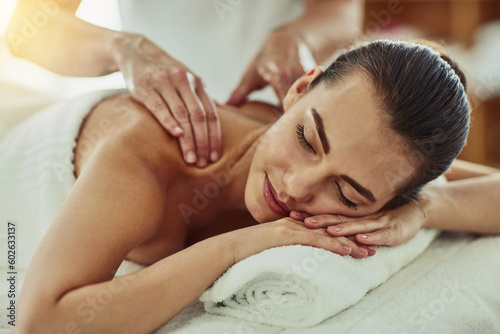 Relax, peace and massage with woman in spa for wellness, luxury and back pain treatment. Skincare, beauty and zen with female customer and hands of therapist for physical therapy, salon and detox