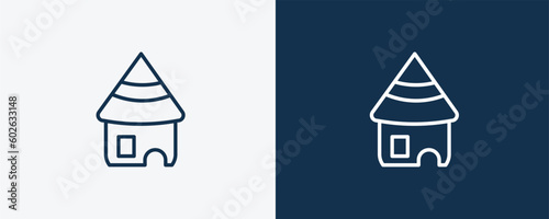 mud hut icon. Outline mud hut icon from culture and civilization collection. Linear vector isolated on white and dark blue background. Editable mud hut symbol.