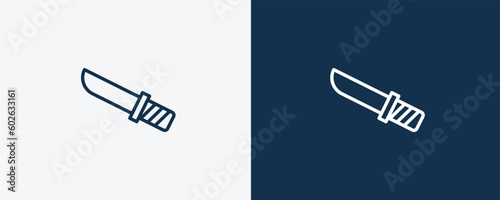 knife in sheath icon. Outline knife in sheath icon from culture and civilization collection. Linear vector isolated on white and dark blue background. Editable knife in sheath symbol.