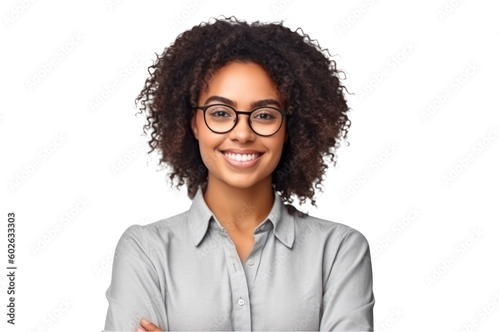 Portrait of young smiling african american girl looking at camera with crossed arms. Happy girl standing Successful business woman, isolated on transparent background, Generative AI - obrazy, fototapety, plakaty 