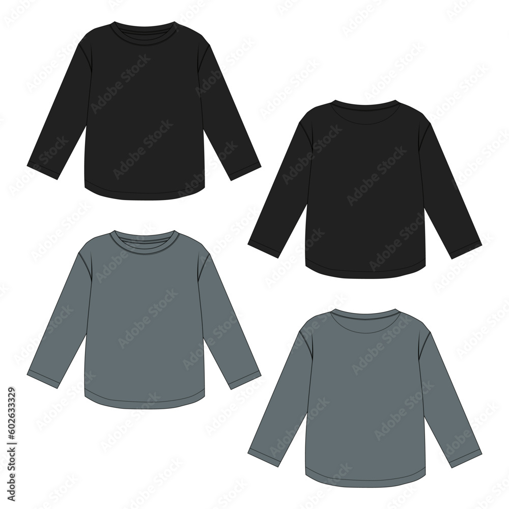 Long sleeve T shirt technical drawing fashion flat sketch vector illustration black and grey color template for women's front and back views Long sleeve T shirt technical drawing fashion flat sketch vector illustration black and grey color template for women's front and back views