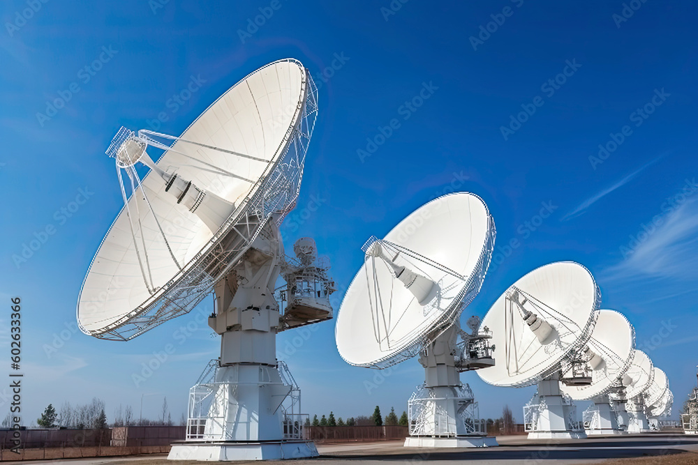 Satellite dishes on the bright blue sky background