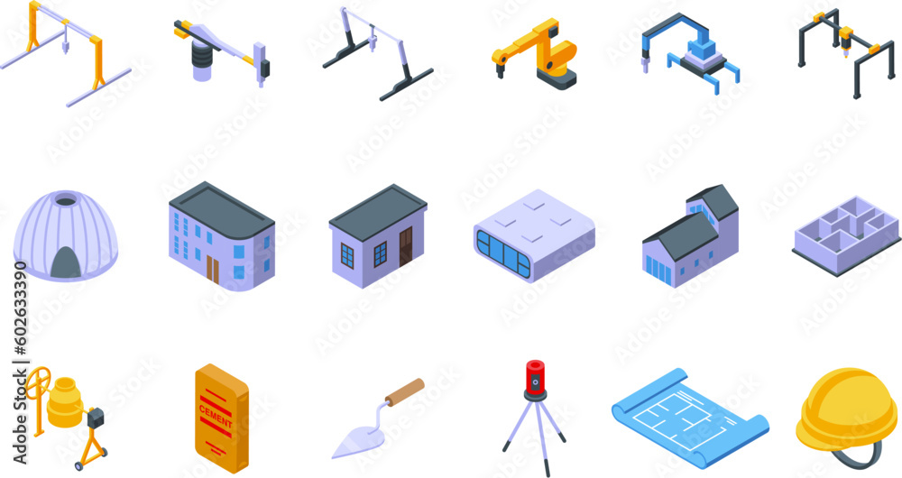 3D printing in construction icons set isometric vector. Lab print. Business computer 3D printing in construction icons set isometric vector. Lab print. Business computer