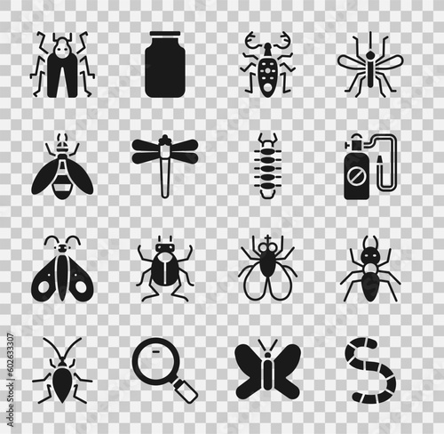 Set Worm, Ant, Pressure sprayer, Beetle deer, Dragonfly, bug and Centipede icon. Vector © Kostiantyn