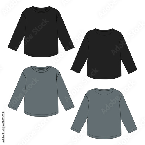 Long sleeve T shirt technical drawing fashion flat sketch vector illustration black and grey color  template for women's front and back views 