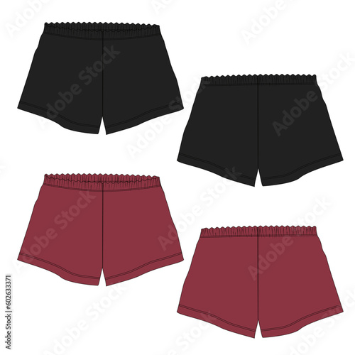 Shorts pant technical drawing fashion flat sketch template front and back views. Apparel jogger shorts vector illustration black and red color mock up for kids and boys