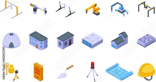 3D printing in construction icons set isometric vector. Lab print. Business computer