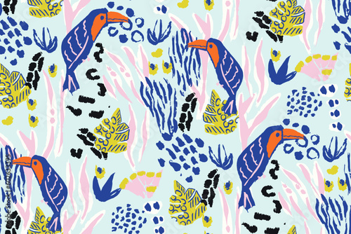 Saturated wild bright tropical positive cheerful multicolored abstract seamless summer patern. Tropics with palms, bananas, leaves, birds and spots of wild animals, tiger and leopard.