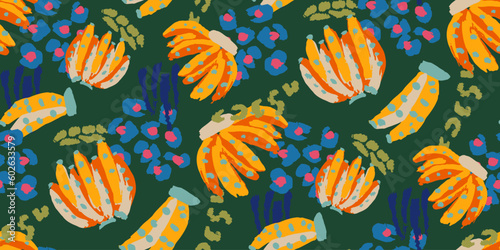 Bright saturated graffiti tropical colorful art pattern with bananas.