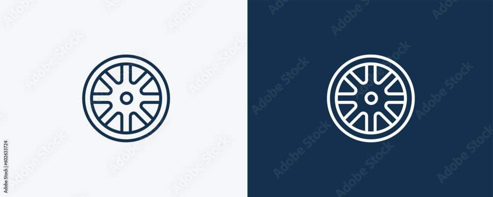 alloy wheel icon. Outline  alloy wheel icon from transportation collection. Linear vector isolated on white and dark blue background. Editable alloy wheel symbol can be used web and mobile