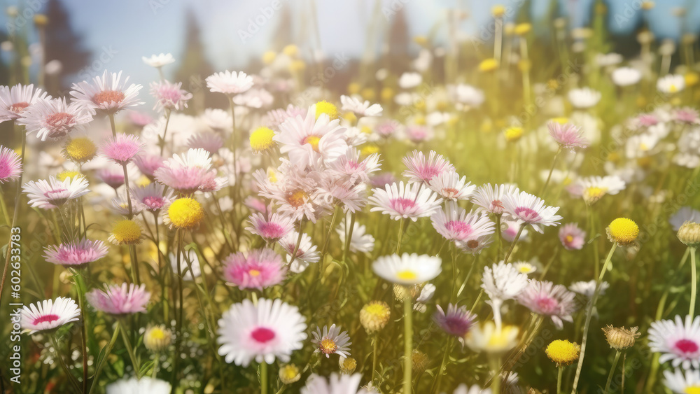 Meadow with lots of white and pink spring daisy flowers and yellow dandelions in sunny day. Summer Yellow Sunflowers, daisy flowers and knapweeds flowers. Flower Border Art. Generative ai Meadow with lots of white and pink spring daisy flowers and yellow dandelions in sunny day. Summer Yellow Sunflowers, daisy flowers and knapweeds flowers. Flower Border Art. Generative ai