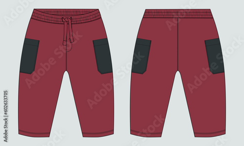 Fleece cotton jersey basic Sweat pant technical drawing fashion flat sketch template front and back views. Apparel jogger pants vector illustration Red color mock up for kids and boys.