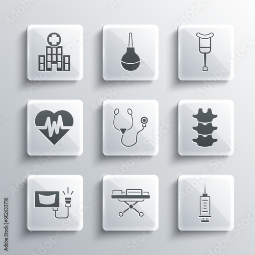 Set Stretcher, Syringe, Human spine, Stethoscope, Ultrasound, Heart rate, Medical hospital building and Crutch or crutches icon. Vector