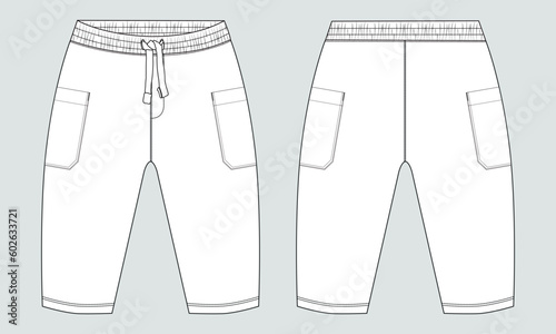 Fleece cotton jersey basic Sweat pant technical drawing fashion flat sketch template front and back views. Apparel jogger pants vector illustration mock up for kids and boys.