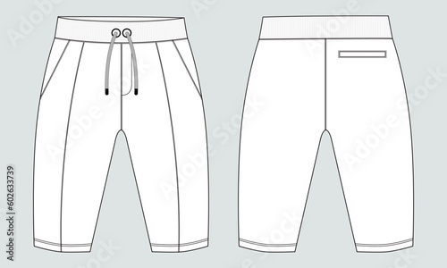 Fleece cotton jersey basic Sweat pant technical drawing fashion flat sketch template front and back views. Apparel jogger pants vector illustration mock up for kids and boys.