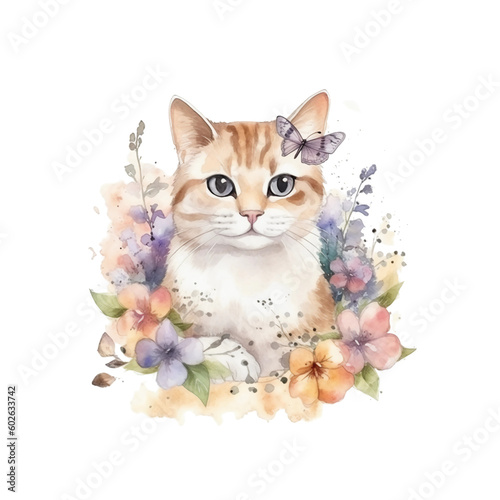 Enchanting Watercolor Illustration  Adorable Cat Surrounded by Delicate Blooms and Floral Beauty  transparent png  Created by Generative AI