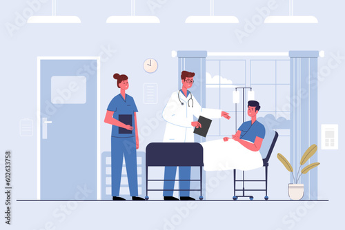 doctor and nurse standing with patient on the bed. Vector illustration in a flat style cartoon character