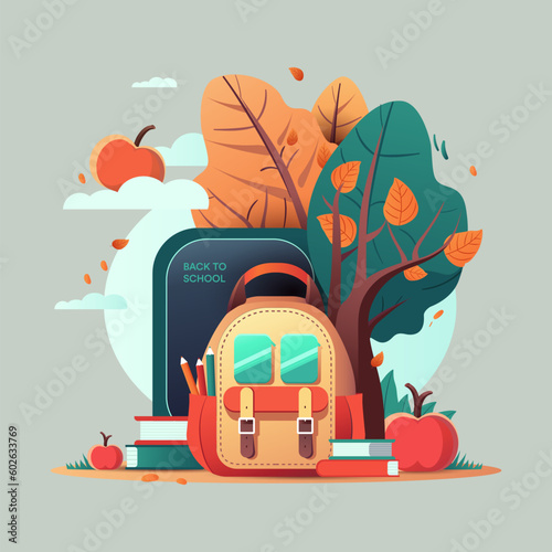 Back to school poster with a backpack, autumn trees and books, vector flat illustration
