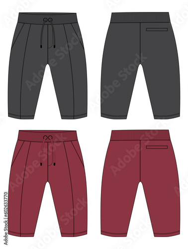 Fleece cotton jersey basic Sweat pant technical drawing fashion flat sketch template front and back views. Apparel jogger pants vector illustration  grey and red color mock up for kids and boys.