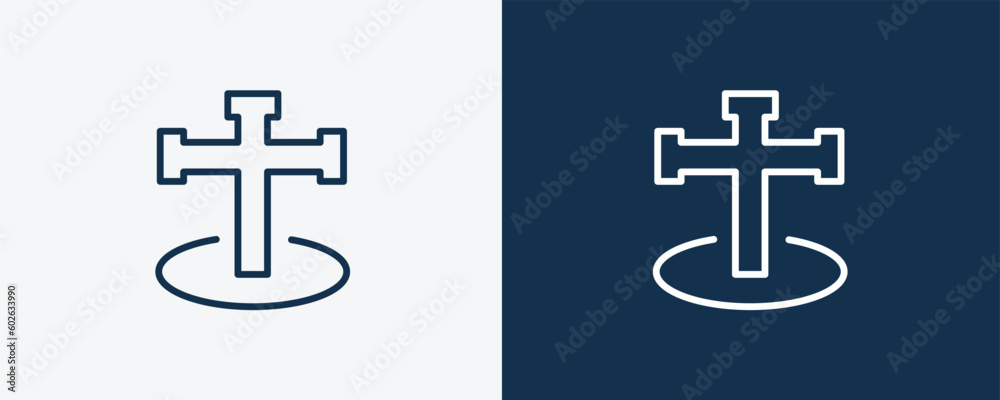 cross stuck in ground icon. Outline cross stuck in ground icon from technology collection. Linear vector isolated on white and dark blue background. Editable cross stuck in ground symbol. cross stuck in ground icon. Outline cross stuck in ground icon from technology collection. Linear vector isolated on white and dark blue background. Editable cross stuck in ground symbol.