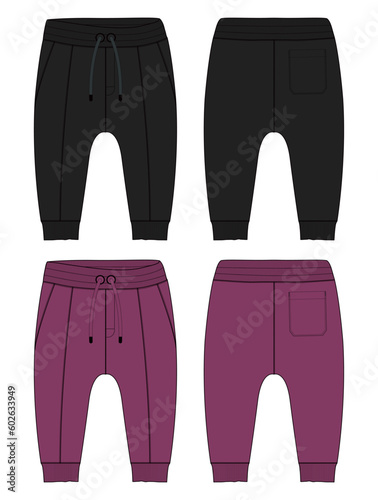 Fleece cotton jersey basic Sweat pant technical drawing fashion flat sketch template front and back views. Apparel jogger pants vector illustration black and violet color mock up for kids and boys.