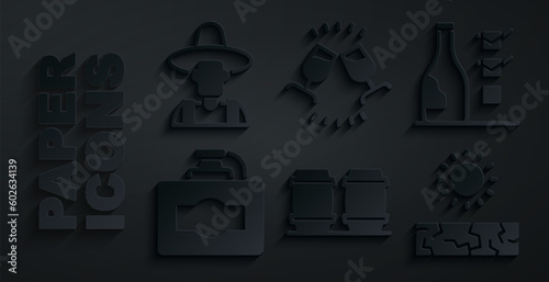Set Wooden barrel for wine, Bottle of, Cardboard box, Drought, Wine tasting, degustation and Farmer the hat icon. Vector