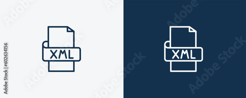 xml icon. Outline xml icon from information technology collection. Linear vector isolated on white and dark blue background. Editable xml symbol.
