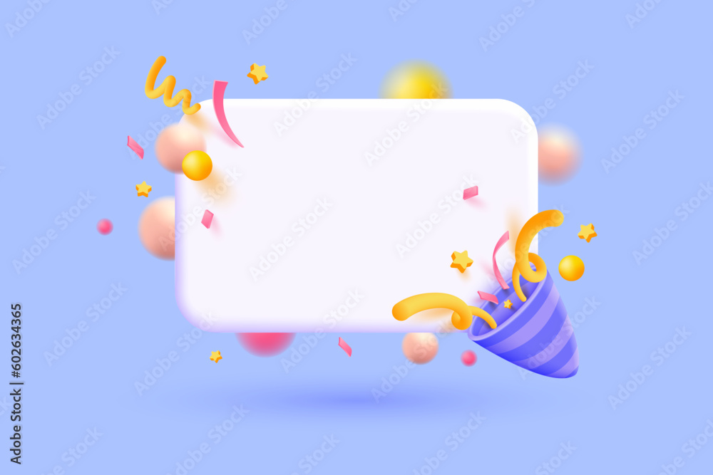 3d Party popper with confetti and bubble message banner. Exploding party confetti ball, 3d rendering illustration. Kusudama symbol of surprise, festive event, birthday, anniversary. 3D Vector 3d Party popper with confetti and bubble message banner. Exploding party confetti ball, 3d rendering illustration. Kusudama symbol of surprise, festive event, birthday, anniversary. 3D Vector
