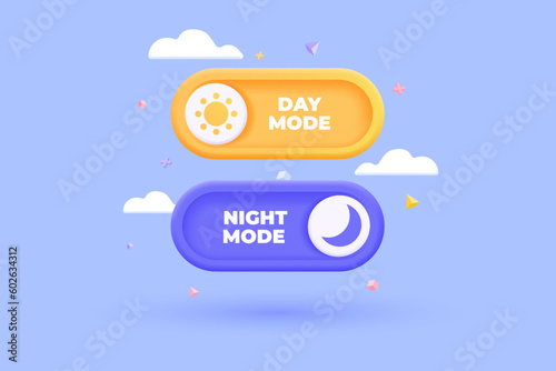 3D Day and night mode switch icon set. On Off or Light and Dark toggle buttons. Daymode and nightmode. Mobile app interface. Cartoon creative design icon isolated on white background. 3D Vector