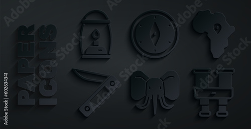 Set Elephant, Map of Africa, Swiss army knife, Binoculars, Compass and Camping lantern icon. Vector