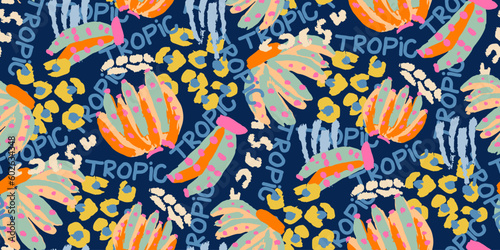 Bright saturated graffiti tropical colorful art pattern with bananas.