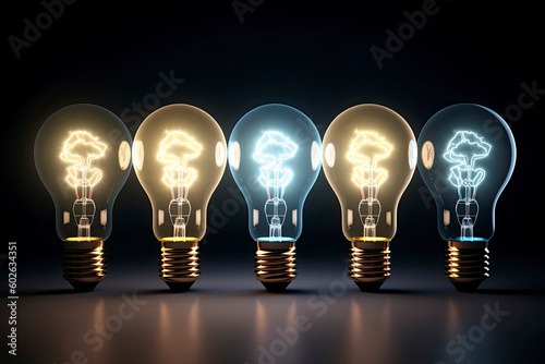 Illuminated light bulb with brain inside in a row. One different glowing on circuit. Business bright idea