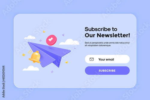 3D Subscribe to newsletter banner template with cartoon paper airplane. Email business marketing concept. Subscription to news and promotions. Registration form. Web button mockup. 3D Vector