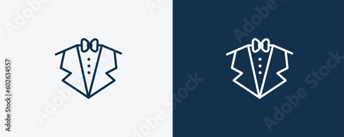 suit with bow tie icon. Outline suit with bow tie icon from fashion and things  collection. Linear vector isolated on white and dark blue background. Editable suit with bow tie symbol.