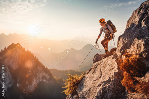 Happy woman climbing via ferrata. Portrait of woman in sunset lighting looking in to distance. Hiking with helmet and backpack. Generative AI