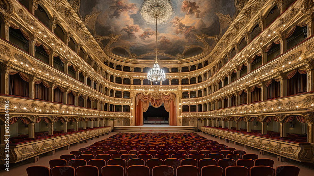 Obraz premium A large auditorium with a chandelier and red seats. Generative AI. Classical music or opera theater interior.