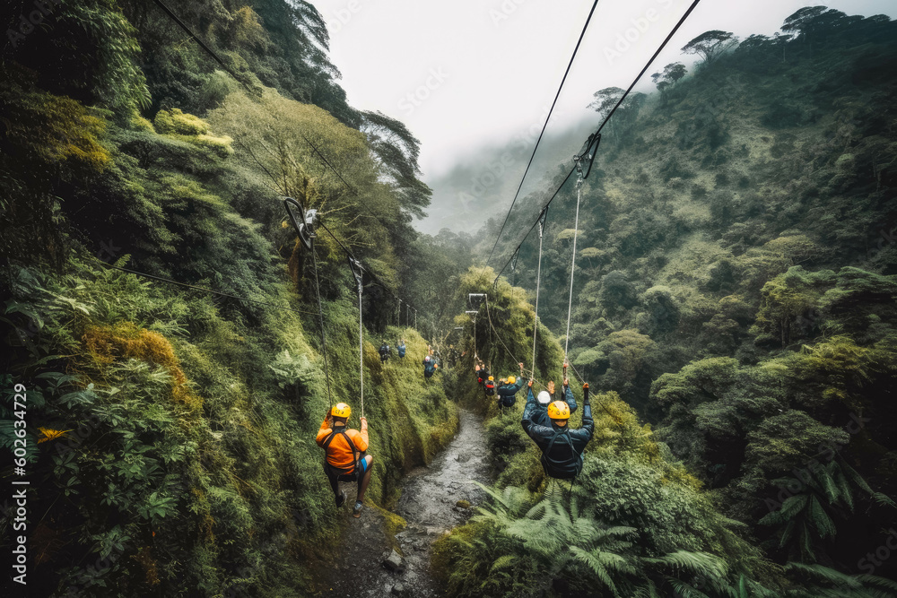 Zip line sport group tourist adventure canyon people. Group of tourists on a zip line through forest with beautiful views. Generative AI