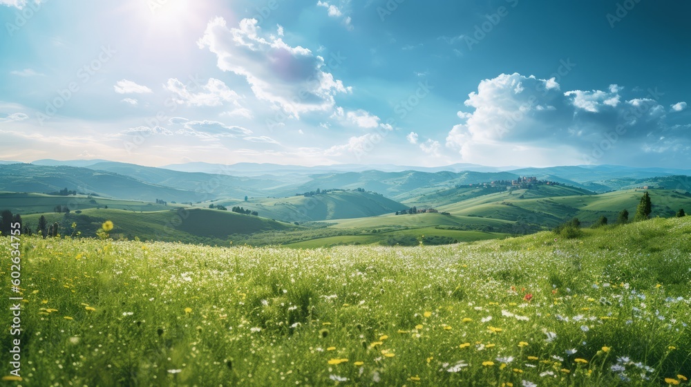 Sun Shining on Tuscany Field: Lens Flare, Hyperrealistic Landscape, Sky-Blue and Yellow Hues, Flower Power, Bokeh Panorama, Light-Filled, Created by Generative AI
