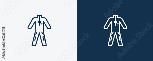 working coverall icon. Outline working coverall icon from fashion and things  collection. Linear vector isolated on white and dark blue background. Editable working coverall symbol.
