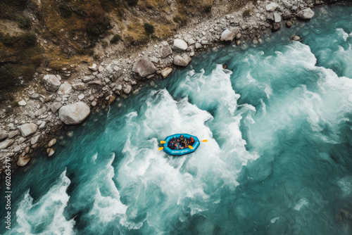 White water rafting on alpine river. Top down view of people in raft going down river. Beautiful nature blue water and trees. Generative AI