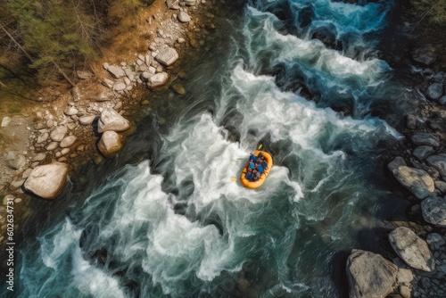 White water rafting on alpine river. Top down view of people in raft going down river. Beautiful nature blue water and trees. Generative AI photo