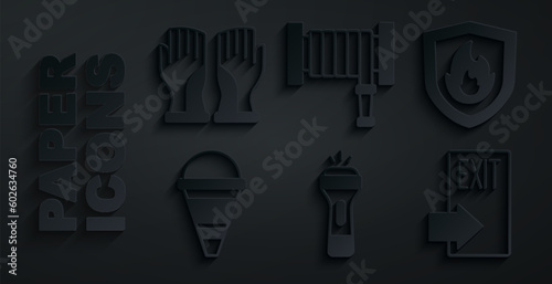 Set Flashlight, Fire protection shield, cone bucket, exit, hose reel and Firefighter gloves icon. Vector