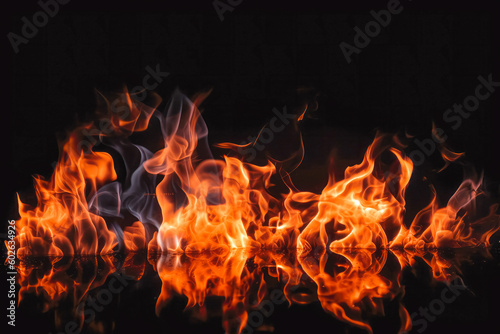 Fire flames on black background. Bright and hot fire burning on ground. Generative AI