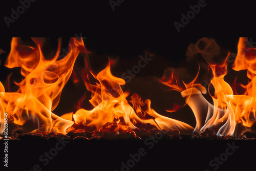 Fire flames on black background. Bright and hot fire burning on ground. Generative AI